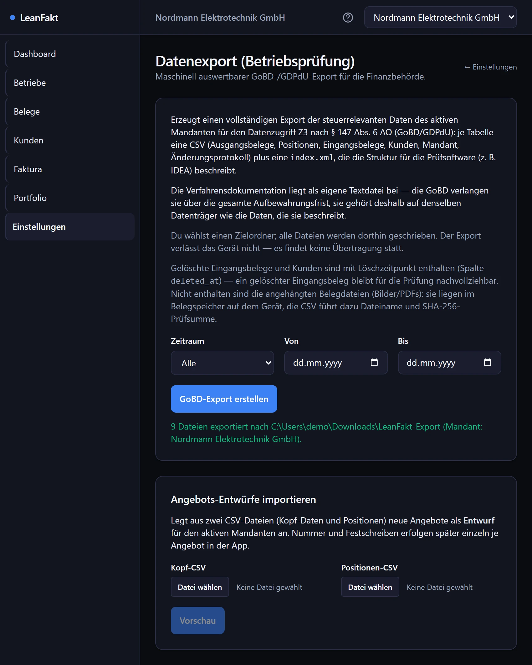 LeanShift Fakt на компютър. Страница с настройки за експорта на данни за данъчна проверка с избор на период и бутон за GoBD експорта, под нея съобщението за успех с броя на изнесените файлове.