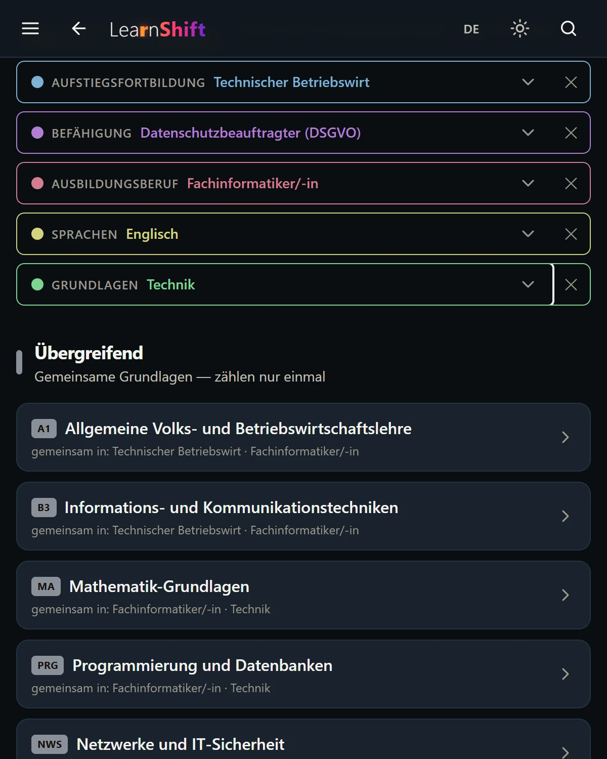 LearnShift study paths on a tablet. Selection rows for advancement training, qualifications, apprenticeship, languages and fundamentals, below them the combined module list of the chosen paths, shared fundamentals once under Cross-cutting.
