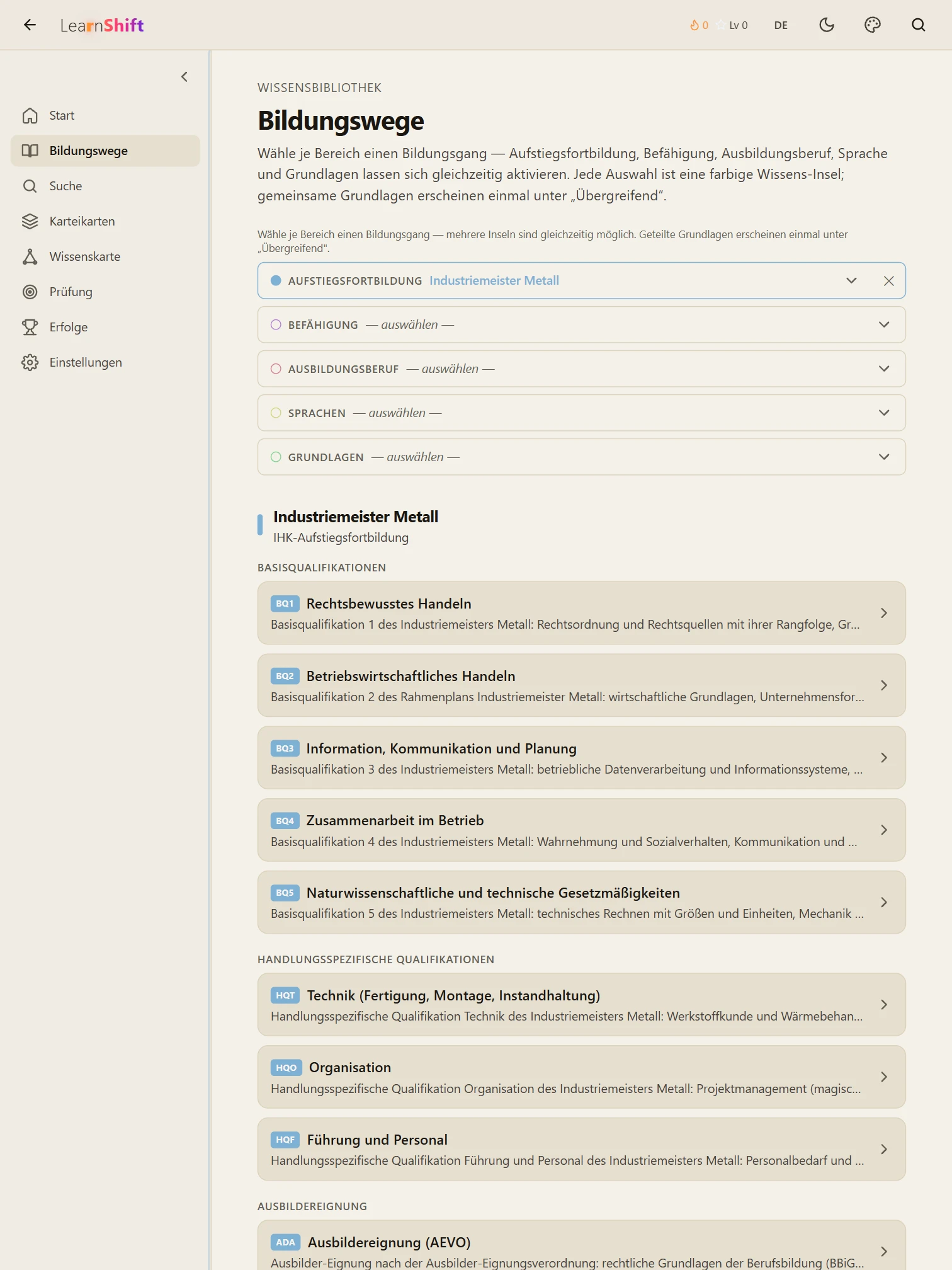 LearnShift: study paths showing the Industriemeister Metall syllabus with its core, specialised and instructor-qualification units
