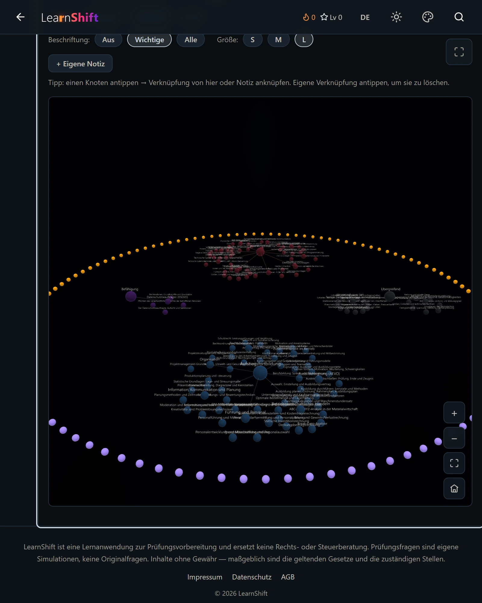 LearnShift knowledge map in 3D. The topics of a module as spatially connected spheres, with controls for labels and size above.