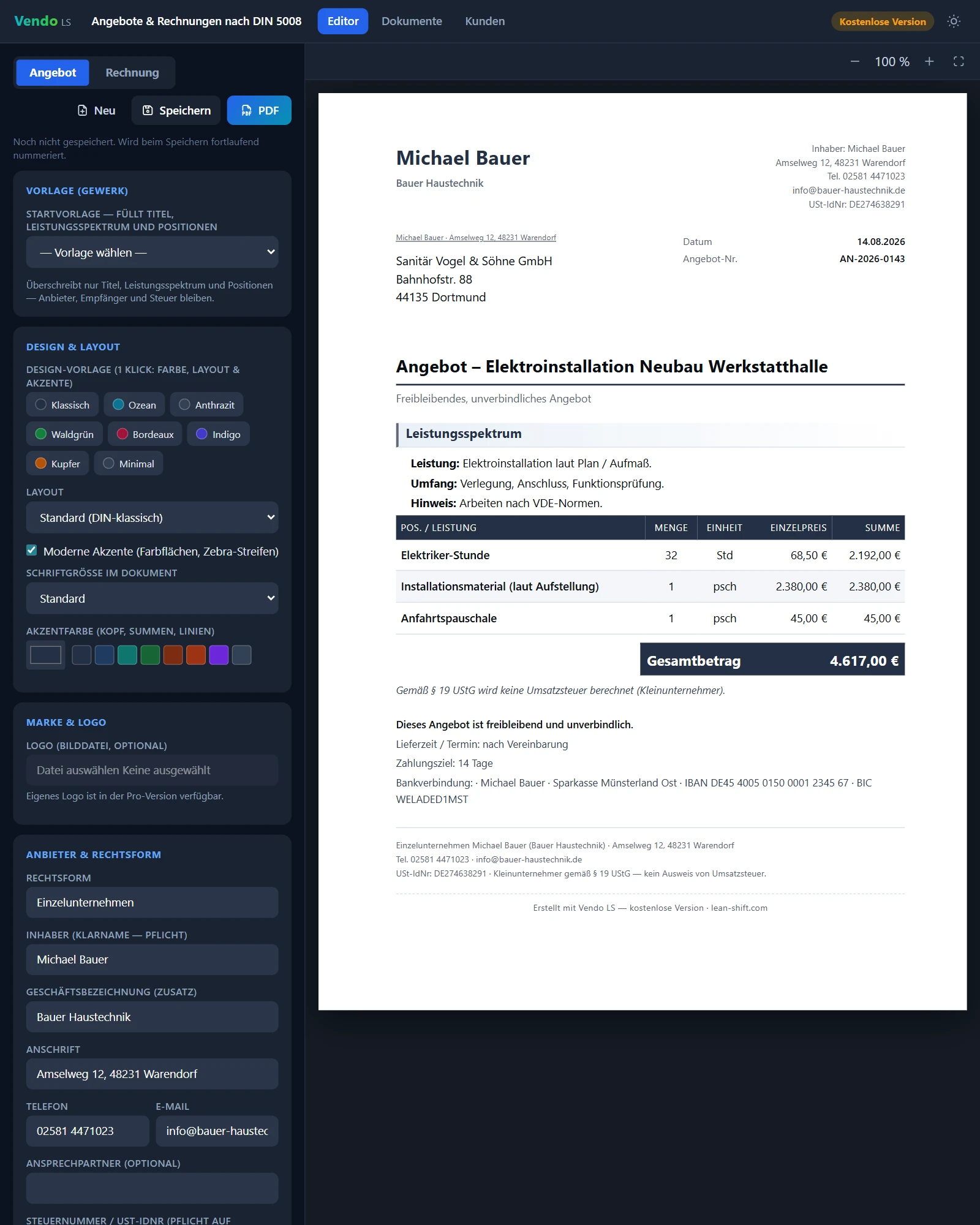 LeanShift Vendo. Preventivo completato nell'anteprima A4 con campo indirizzo, tabella delle voci, totali e piè di pagina.