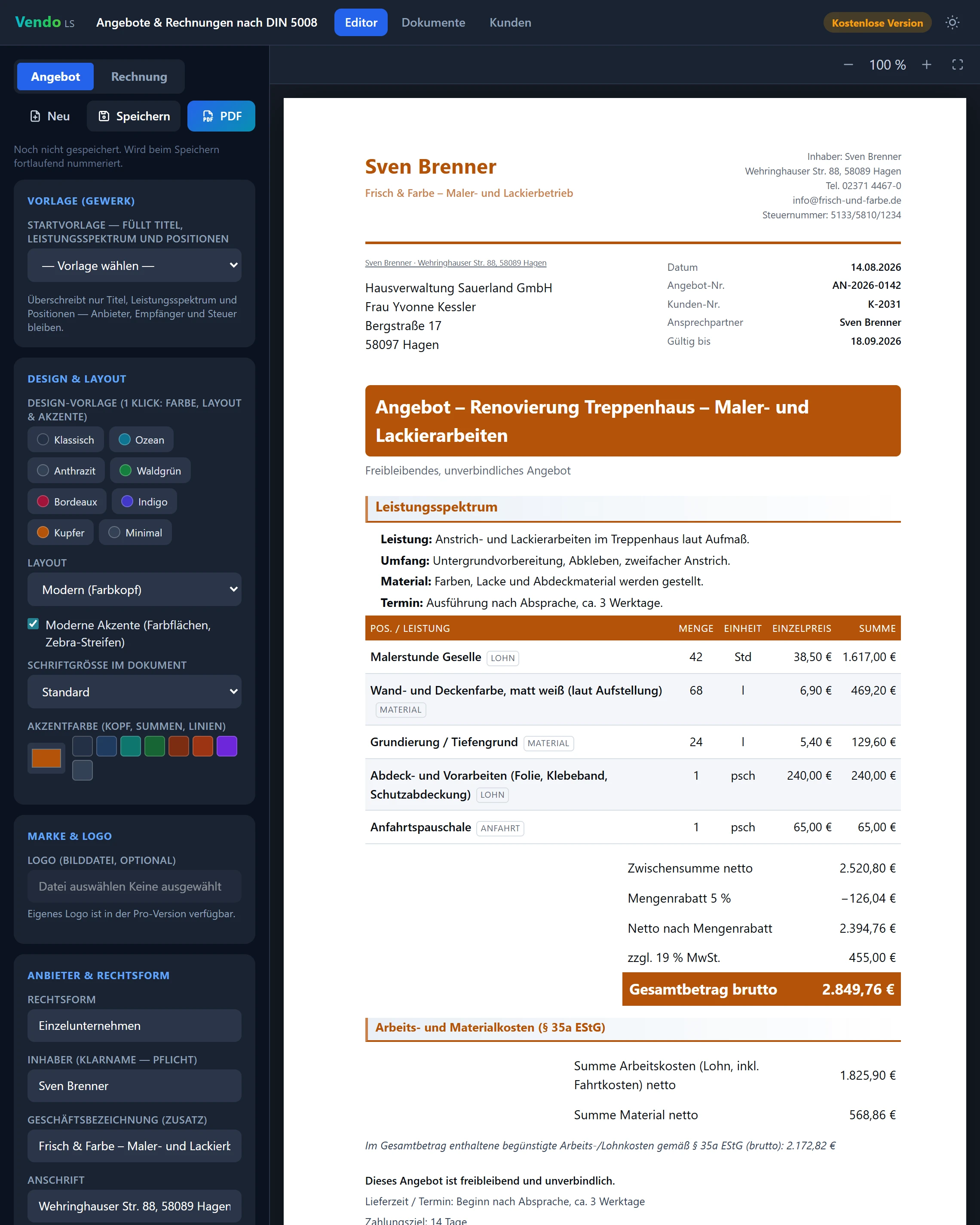 LeanShift Vendo su computer. A sinistra gli inserimenti con la scelta di modello e layout, a destra l'anteprima A4 del preventivo.