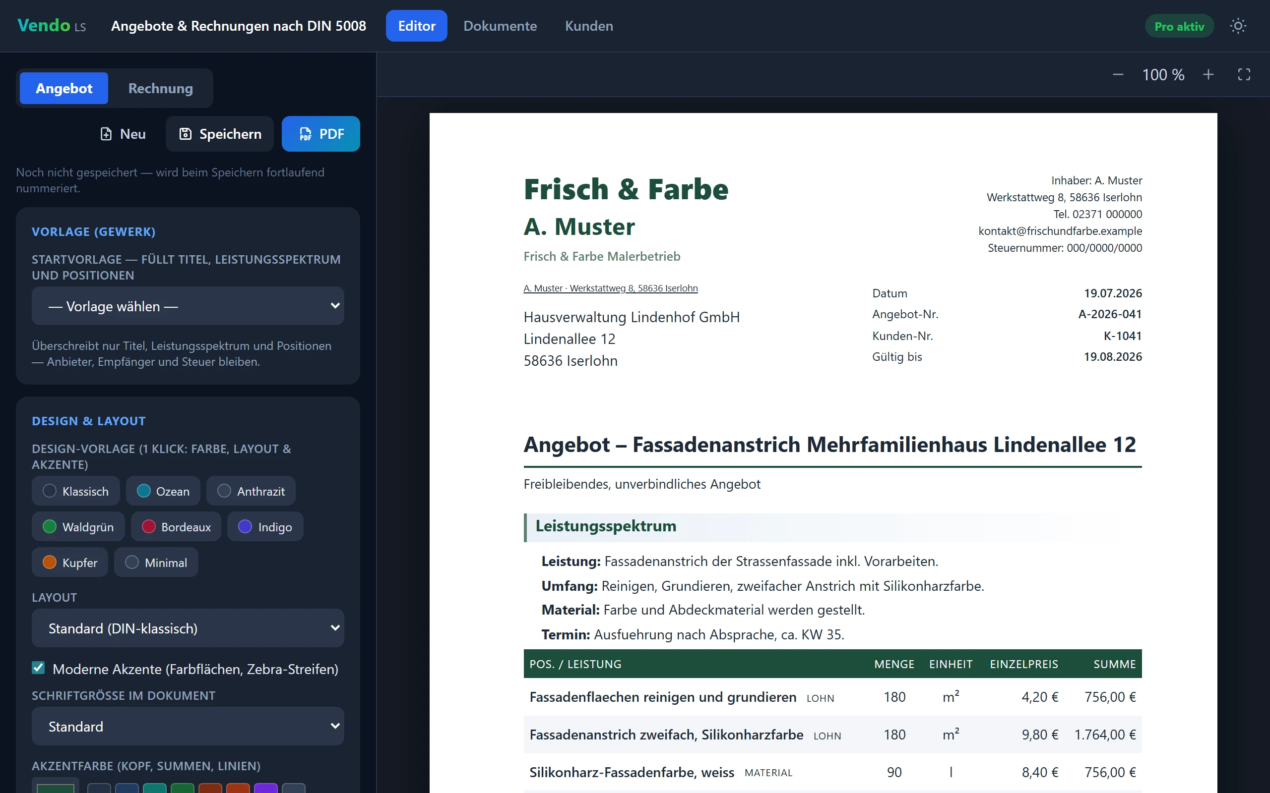 Vendo LS: Editor mit Live-A4-Vorschau am Rechner