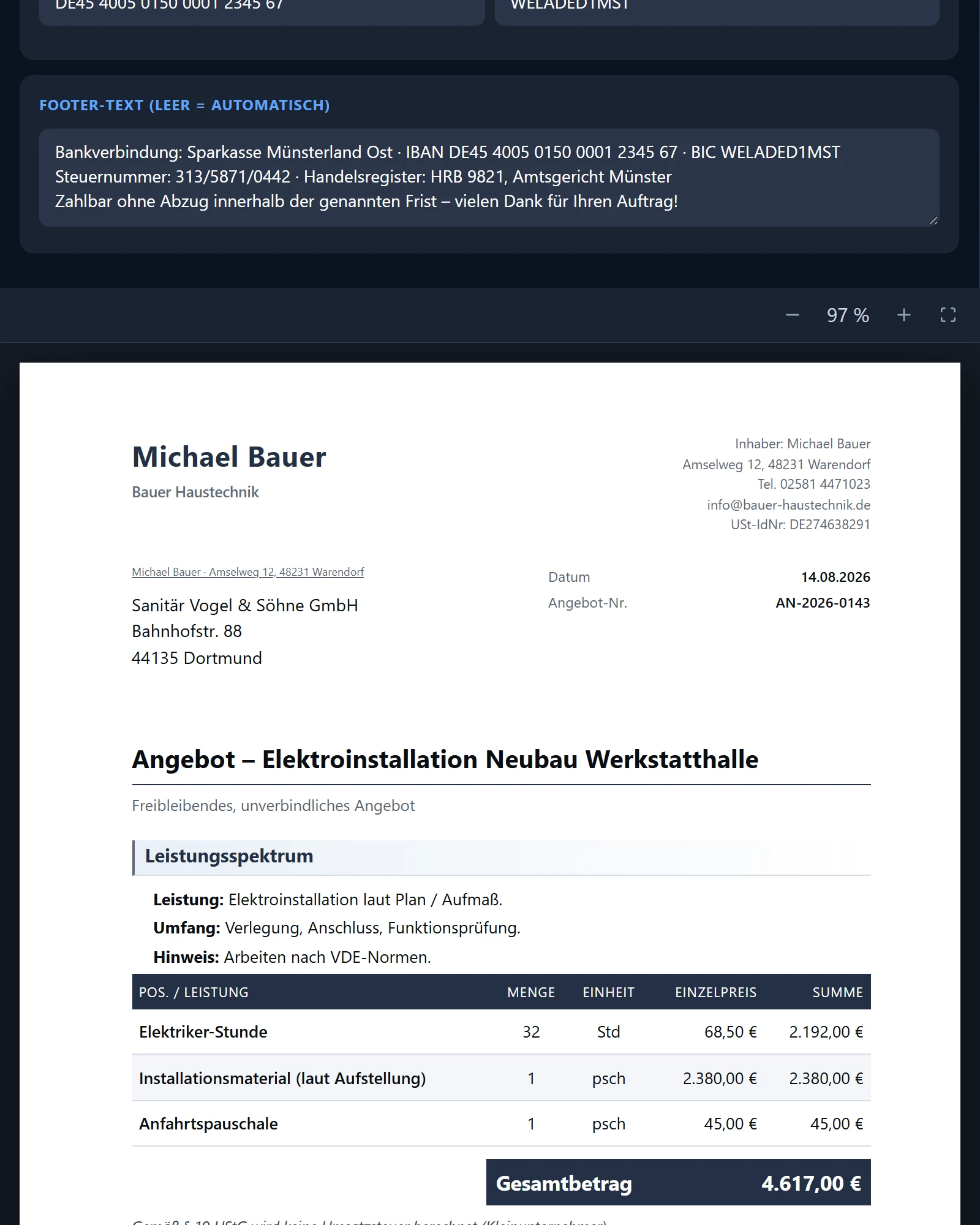 LeanShift Vendo. Piè di pagina di un preventivo con i totali, la nota secondo il paragrafo 35a EStG, i termini di pagamento, i dati bancari e la nota della versione gratuita nel piè di pagina.