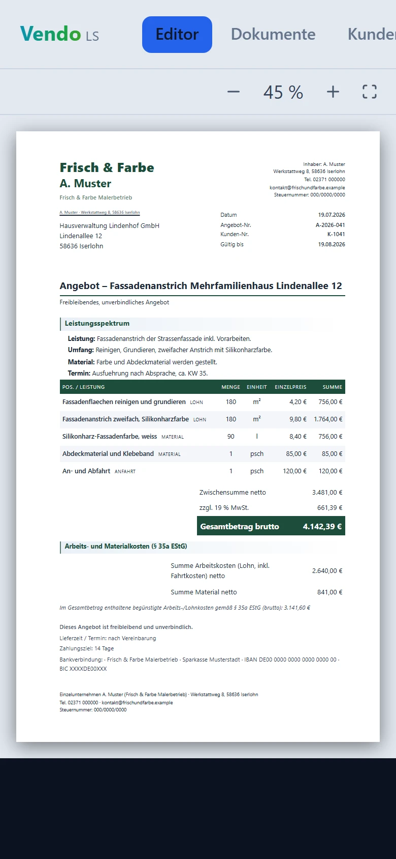 Vendo LS: fertiges Angebot in der A4-Vorschau auf dem Smartphone