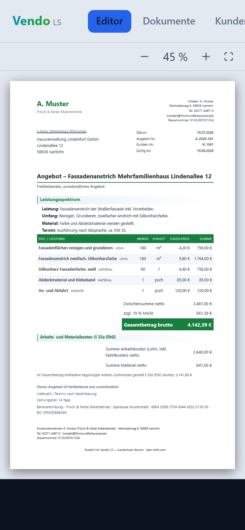 LeanShift Vendo: hotová nabídka v náhledu A4 na chytrém telefonu